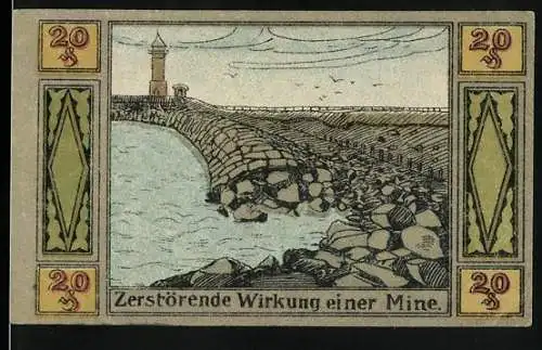 Notgeld Hallig Langeness-Nordmarsch, 1921, 20 Pfennig, Zerstörende Wirkung einer Mine