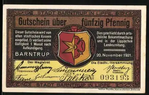 Notgeld Barntrup, 1921, 50 Pfennig, Altes Rathaus mit Kirche, Stadtwappen, verschiedene Unterschriften, Seriennummer