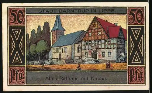 Notgeld Barntrup, 1921, 50 Pfennig, Altes Rathaus mit Kirche, Stadtwappen, verschiedene Unterschriften, Seriennummer