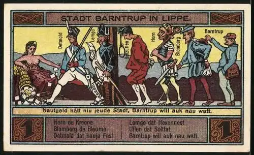 Notgeld Barntrup, 1921, 1 Mark, Stadtwappen und historische Szene, Seriennummer 046430