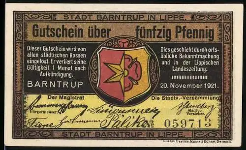 Notgeld Barntrup 1921, 50 Pfennig, Gutschein über fünfzig Pfennig, farbige Illustration von Landarbeitern und Wappen