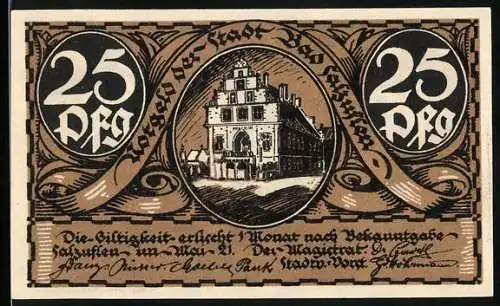 Notgeld Bad Salzuflen, 1921, 25 Pfennig, Stadtansicht und Schmied mit Dorfszene