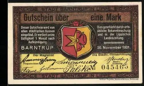 Notgeld Barntrup 1921, 1 Mark, Gutschein über eine Mark mit Stadtwappen und Stadtansicht im Hintergrund