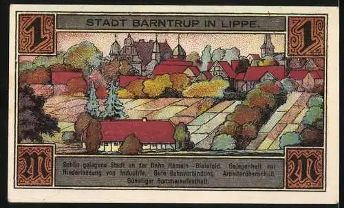 Notgeld Barntrup 1921, 1 Mark, Gutschein über eine Mark mit Stadtwappen und Stadtansicht im Hintergrund