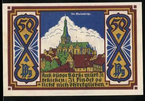 Notgeld Osnabrück 1921, 50 Pfennig, Marienkirche und Stadtwappen mit zwei Löwen