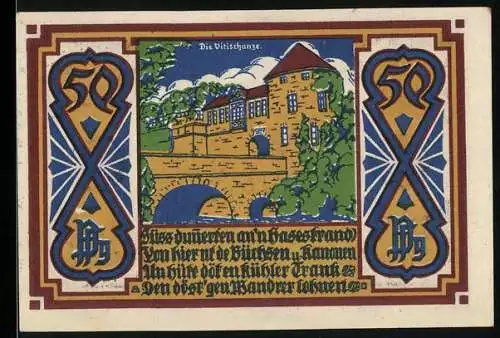 Notgeld Osnabrück, 1921, 50 Pfennig, Die Wittekindschanze und Stadtwappen mit Löwen und Schild