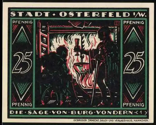 Notgeld Osterfeld 1921, 25 Pfennig, Die Sage von Burg Vondern mit Feuerszene und Stadtwappen