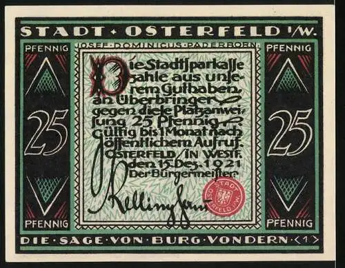 Notgeld Osterfeld 1921, 25 Pfennig, Die Sage von Burg Vondern mit Feuerszene und Stadtwappen