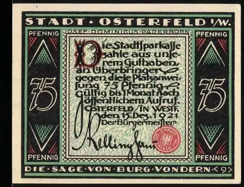 Notgeld Osterfeld 1921, 75 Pfennig, Die Sage von Burg Vondern, Text und Bild