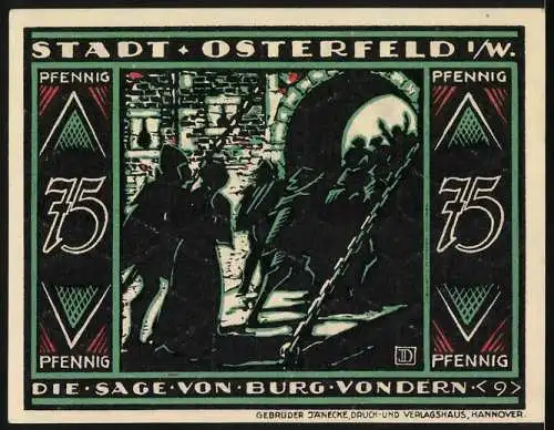 Notgeld Osterfeld 1921, 75 Pfennig, Die Sage von Burg Vondern, Text und Bild