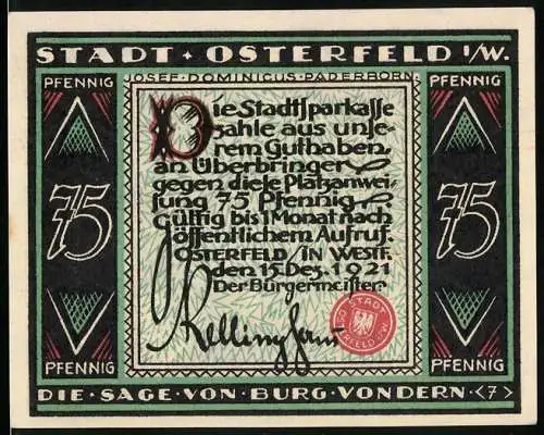 Notgeld Osterfeld 1921, 75 Pfennig, Die Sage von Burg Vondern, grün und schwarz