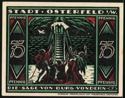 Notgeld Osterfeld 1921, 75 Pfennig, Die Sage von Burg Vondern, grün und schwarz