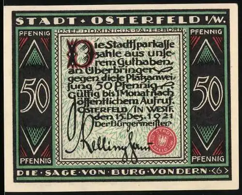 Notgeld Osterfeld 1921, 50 Pfennig, Die Sage von Burg Vondern, Text und Grafik