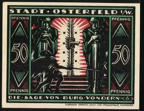 Notgeld Osterfeld 1921, 50 Pfennig, Die Sage von Burg Vondern, Text und Grafik