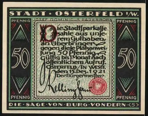 Notgeld Osterfeld 1921, 50 Pfennig, Die Sage von Burg Vondern, Stadtsparkasse Paderborn