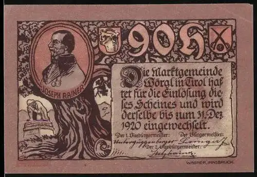 Notgeld Wörgl 1920, 90 Heller, Joseph Rainer Porträt und Treffen bei Wörgl am 13. Mai 1809