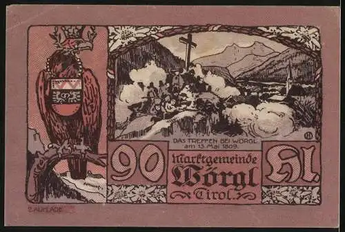 Notgeld Wörgl 1920, 90 Heller, Joseph Rainer Porträt und Treffen bei Wörgl am 13. Mai 1809