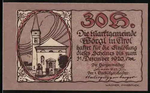 Notgeld Wörgl 1920, 30 Heller, Kirche und Überdachte Brücke, 2. Auflage