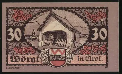 Notgeld Wörgl 1920, 30 Heller, Kirche und Überdachte Brücke, 2. Auflage