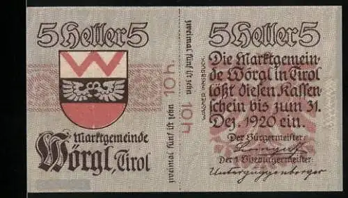 Notgeld Wörgl, Tirol, 1920, 5 Heller, Stadtgemeinde Wörgl Kassenschein mit Stadtwappen, gültig bis 31. Dez. 1920