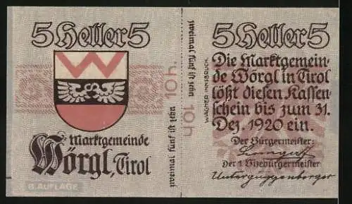 Notgeld Wörgl, Tirol, 1920, 5 Heller, Stadtgemeinde Wörgl Kassenschein mit Stadtwappen, gültig bis 31. Dez. 1920