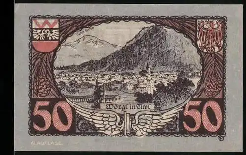 Notgeld Wörgl in Tirol, 1920, 50 Heller, Stadtansicht und Erklärungstext