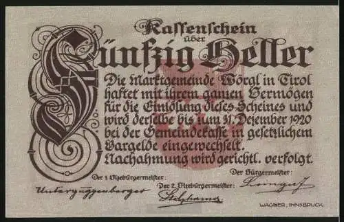 Notgeld Wörgl in Tirol, 1920, 50 Heller, Stadtansicht und Erklärungstext