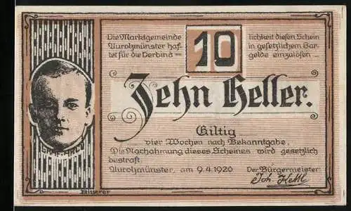 Notgeld Aurolzmünster, 1920, 10 Heller, Porträt und Gebäudeansicht