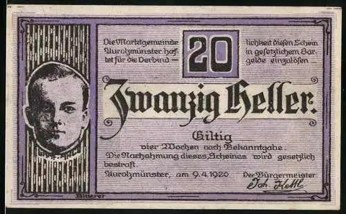 Notgeld Aurolzmünster, 1920, 20 Heller, Porträt und Stadtansicht mit Brunnen