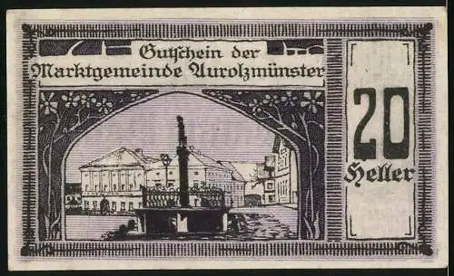 Notgeld Aurolzmünster, 1920, 20 Heller, Porträt und Stadtansicht mit Brunnen