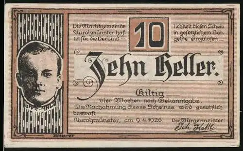 Notgeld Aurolzmünster, 1920, 10 Heller, Porträt und Gebäudeabbildung, gültig vier Wochen nach Bekanntgabe