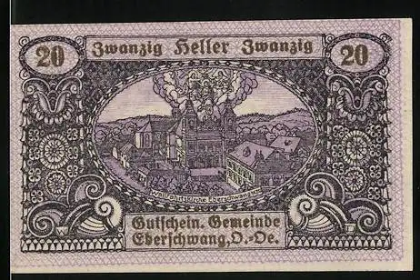 Notgeld Eberschwang, 1920, 20 Heller, lila Schein mit Stadtansicht und Wolfsmotiv