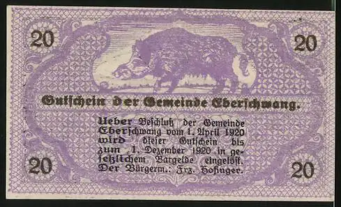 Notgeld Eberschwang, 1920, 20 Heller, lila Schein mit Stadtansicht und Wolfsmotiv