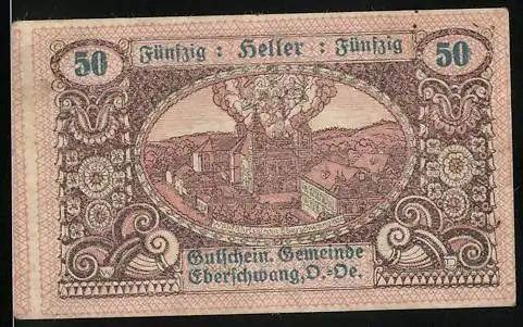 Notgeld Eberschwang, 1920, 50 Heller, Gutschein der Gemeinde mit Landschaft und Bär