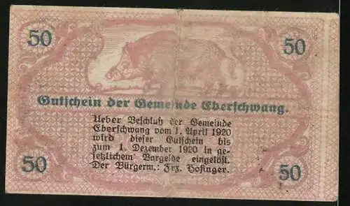 Notgeld Eberschwang, 1920, 50 Heller, Gutschein der Gemeinde mit Landschaft und Bär