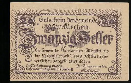 Notgeld Pfarrkirchen, 1920, 20 Heller, Gutschein der Gemeinde mit Landschaftsabbildung