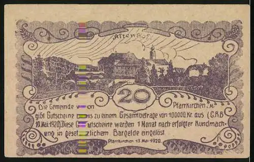 Notgeld Pfarrkirchen, 1920, 20 Heller, Gutschein der Gemeinde mit Landschaftsabbildung