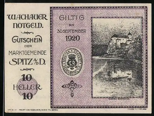 Notgeld Spitz a. D., 1920, 10 Heller, Gutschein der Marktgemeinde, Wachau, gültig bis 30. September 1920