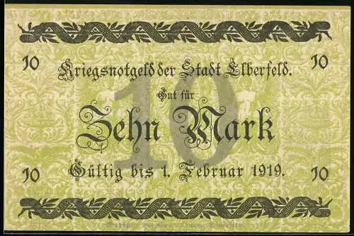 Notgeld Elberfeld, 1918, 10 Mark, Kriegsnotgeld der Stadt Elberfeld, gültig bis 1. Februar 1919