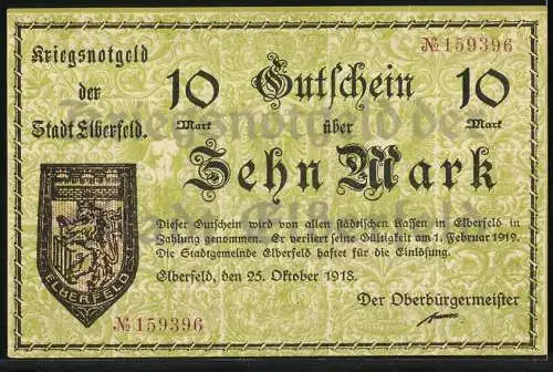 Notgeld Elberfeld, 1918, 10 Mark, Kriegsnotgeld der Stadt Elberfeld, gültig bis 1. Februar 1919