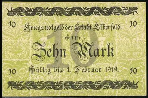 Notgeld Elberfeld 1918, 10 Mark, Kriegsnotgeld der Stadt Elberfeld, gültig bis 1. Februar 1919