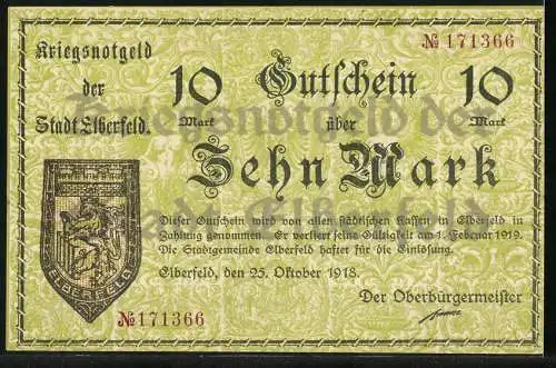 Notgeld Elberfeld 1918, 10 Mark, Kriegsnotgeld der Stadt Elberfeld, gültig bis 1. Februar 1919