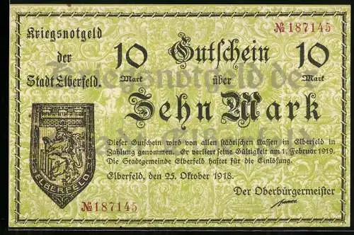 Notgeld Elberfeld 1918, 10 Mark, Kriegsnotgeld der Stadt Elberfeld mit Stadtwappen und Gültigkeit bis 1. Februar 1919