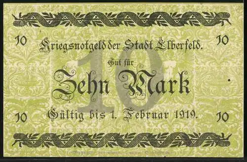 Notgeld Elberfeld 1918, 10 Mark, Kriegsnotgeld der Stadt Elberfeld mit Stadtwappen und Gültigkeit bis 1. Februar 1919