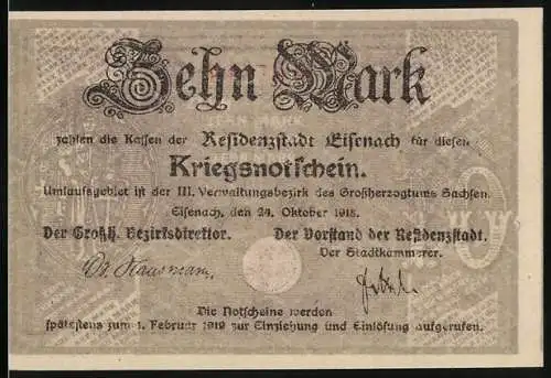 Notgeld Eisenach 1918, 10 Mark, Kriegsnotgeldschein mit Seriennummer 37110 und Stadtansicht auf Rückseite