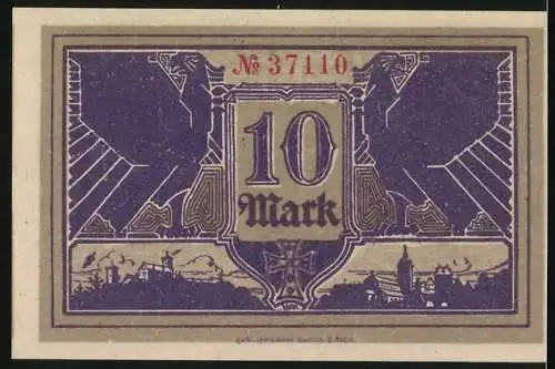 Notgeld Eisenach 1918, 10 Mark, Kriegsnotgeldschein mit Seriennummer 37110 und Stadtansicht auf Rückseite