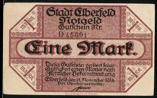 Notgeld Elberfeld, 1918, Eine Mark, Stadt Elberfeld Gutschein Nr. D. 15801, November 1918