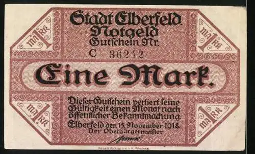 Notgeld Elberfeld, 1918, Eine Mark, Gutschein über eine Mark der Stadt Elberfeld, Seriennummer C 36242