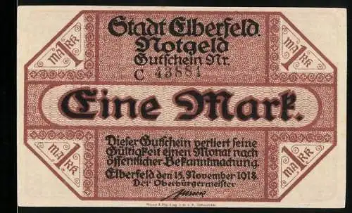 Notgeld Elberfeld 1918, Eine Mark, Stadtwappen und Stadtansicht