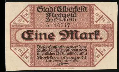 Notgeld Elberfeld, 1918, Eine Mark, Stadt Elberfeld Gutschein Nr. A 6747, beidseitig bedruckt